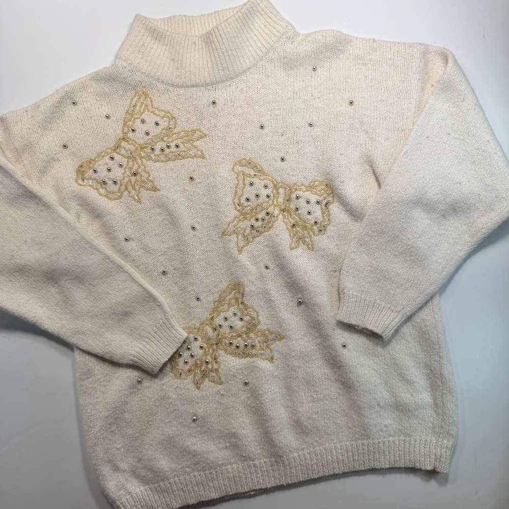 Women's M‎ Vintage Santoria Sweater Ivory Beaded Bows Silk Rabbit Lambswool